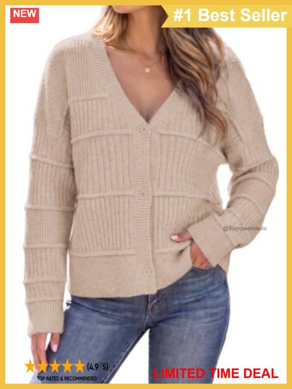 V-Neck Button Up Ribbed Knit Cardigan Slouchy Cropped Sweater